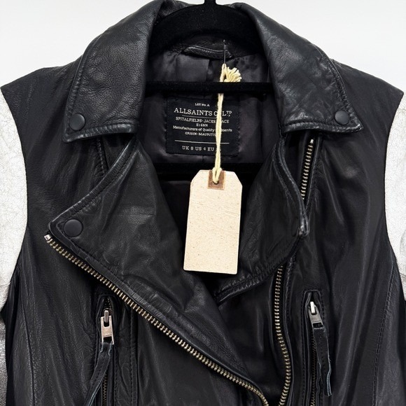 All Saints Albany Moto Jacket Black Leather Gray Sleeves Biker Grunge Size 4 NEW - Picture 8 of 14